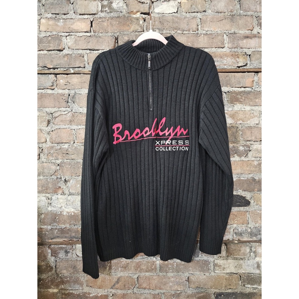 Brooklyn Xpress Sweater Mens Medium Black‎ Ribbed Knit Quarter Zip Embroidered
